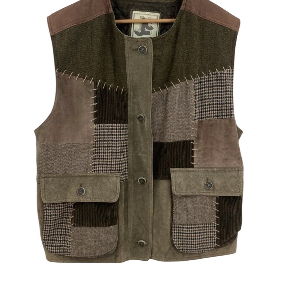 JLC 🔥Patchwork 🤑Vest Leather Wool Corduroy Y2K Forest Fairy 90s Vintage Grunge - Picture 1 of 9
